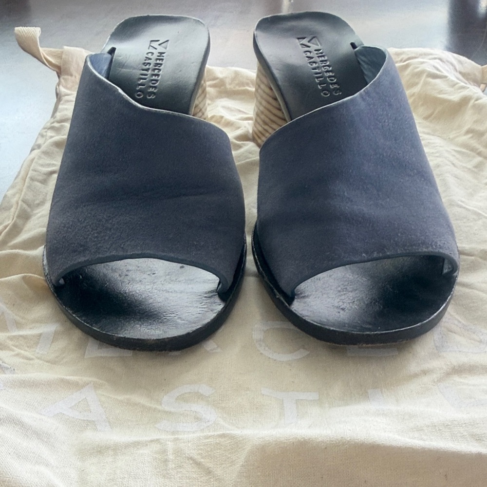 MERCEDES CASTILLO Navy Suede Open-Toe Slide Mules - Picture 3 of 8